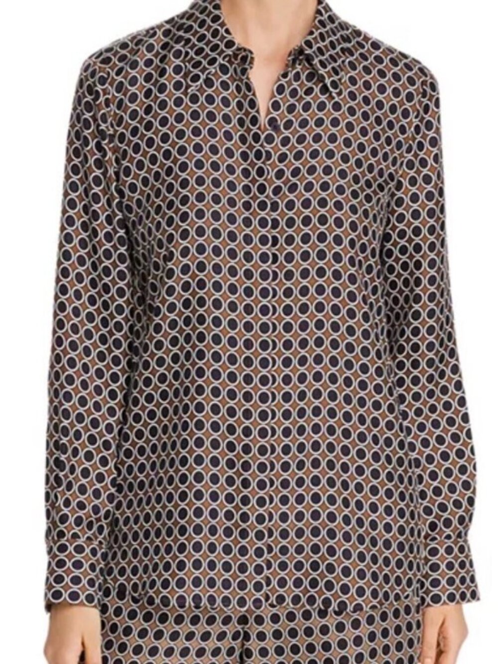 Lafayette 148 100% SILK Julianne Dot-Print Brown Black Long Sleeve Blouse Top M